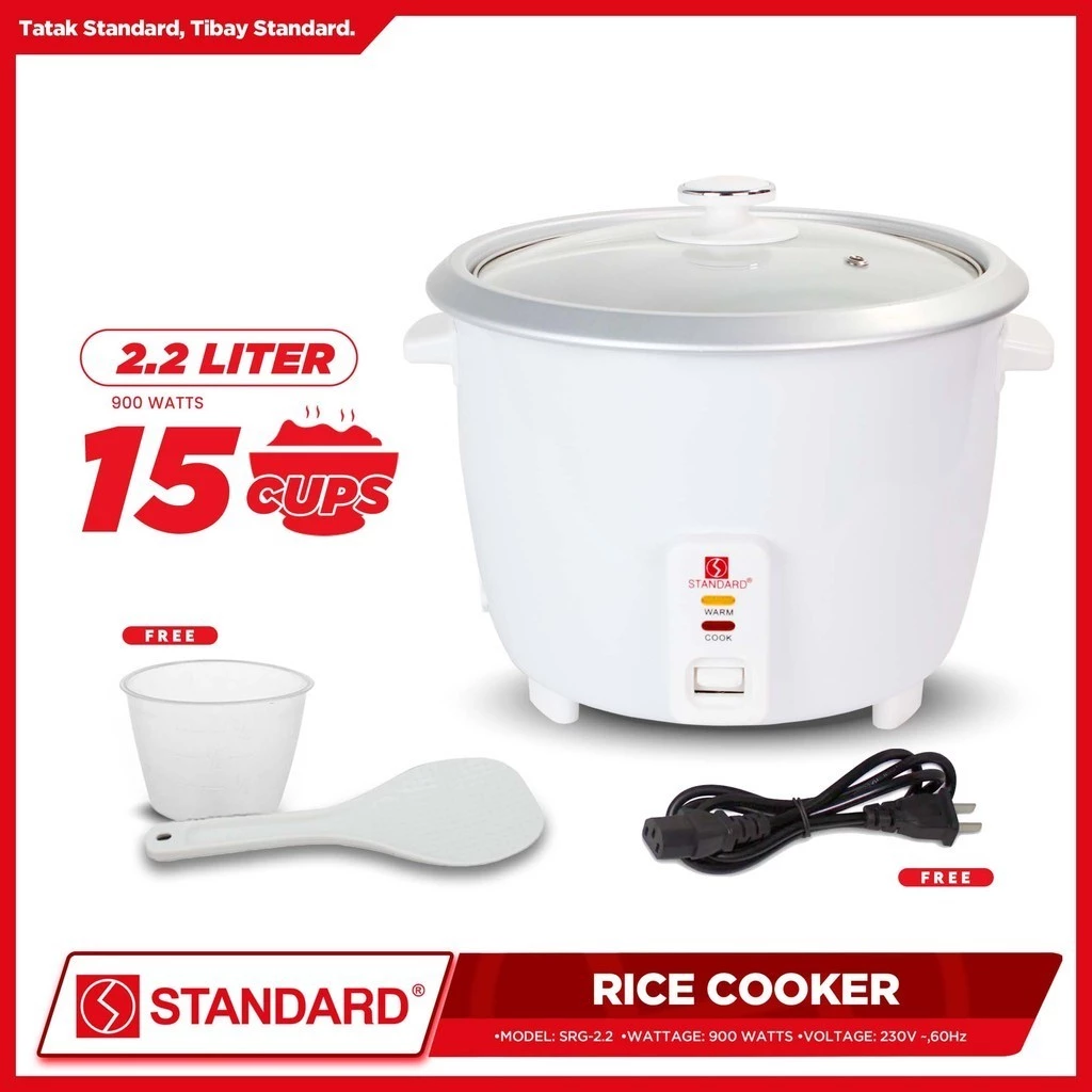 STANDARD RICE COOKER 900W - 2.2L Plain White 15 Cups -GLASS COVER