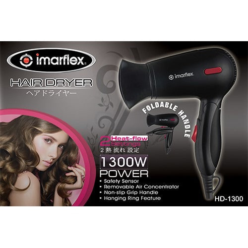 IMARFLEX Portable Hair Dryer HD-1300 - FOLDABLE HANDLE (BLACK) 2 HEAT FLOW NON SLIP GRIP HANDLE