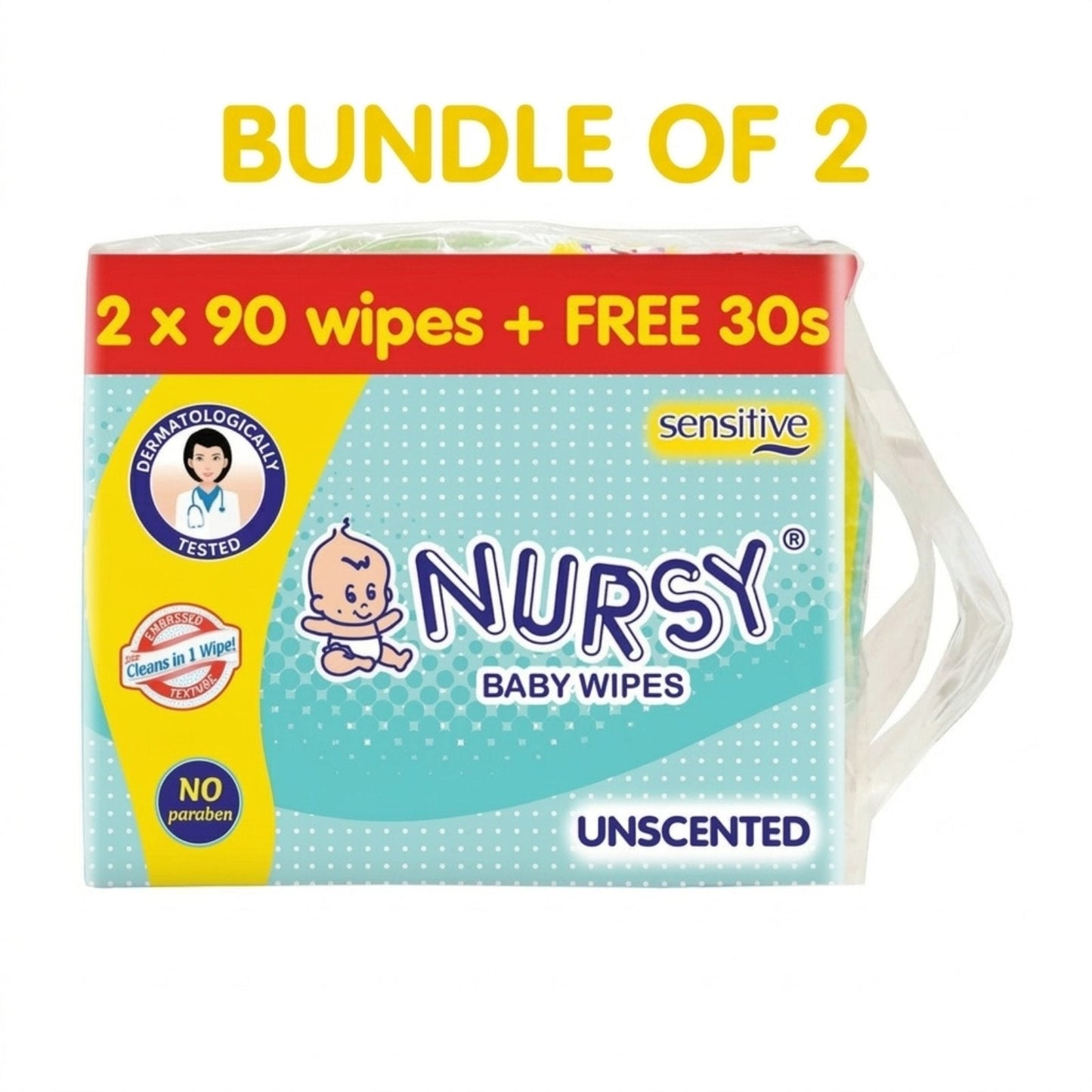 Nursy Baby Wipes Unscented 90s x 2 + 1 Free 30 wipes - BUNDLE OF 2 or 8