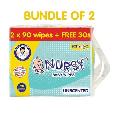 Nursy Baby Wipes Unscented 90s x 2 + 1 Free 30 wipes - BUNDLE OF 2 or 8
