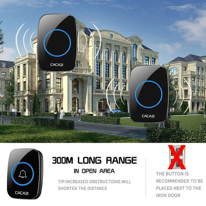 CACAZI Wireless Doorbell Waterproof - Black 1 Button / 2 Receiver