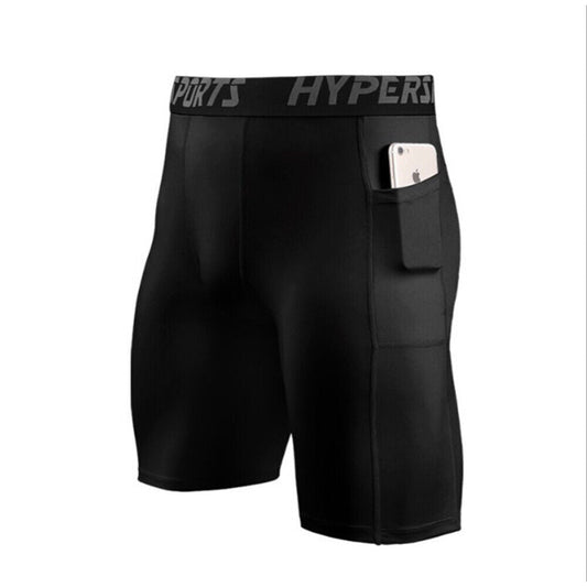 MEN'S COMPRESSION RUNNING SHORTS - BLACK (POLYESTERSOFT FABRIC) with 2 pockets