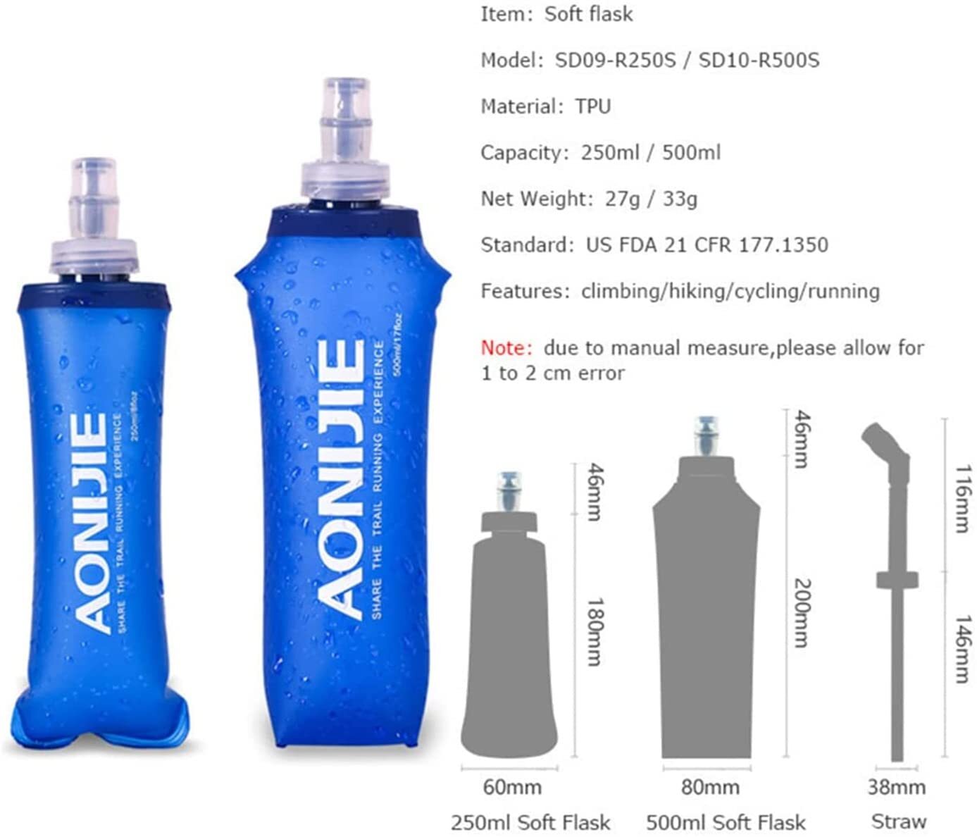 Aonijie Soft Flask Folding Water Bottle TPU - 250ml