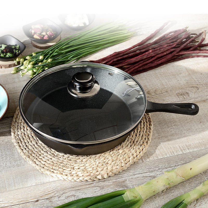 Happiness CAST IRON SET - 3 Versatile pans with 2 durable glass lids  - Pre Seasoned