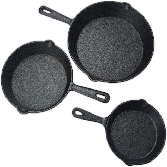 Happiness CAST IRON SET - 3 Versatile pans with 2 durable glass lids  - Pre Seasoned