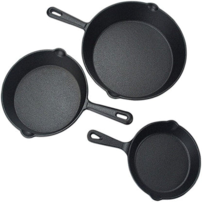 Happiness CAST IRON SET - 3 Versatile pans with 2 durable glass lids  - Pre Seasoned