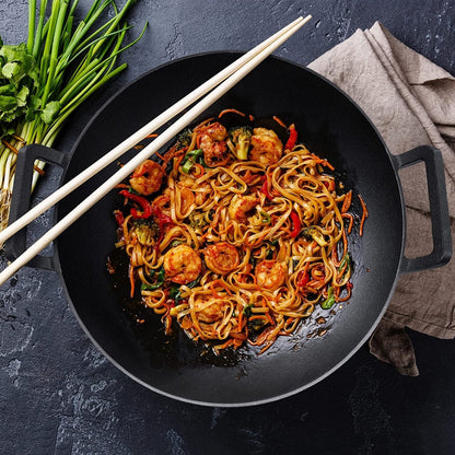 Happiness CAST IRON WOK 36cm x 10cm - Pre Seasoned Wok with Glass Lid