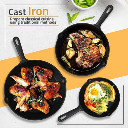 Happiness CAST IRON SET - 3 Versatile pans with 2 durable glass lids  - Pre Seasoned