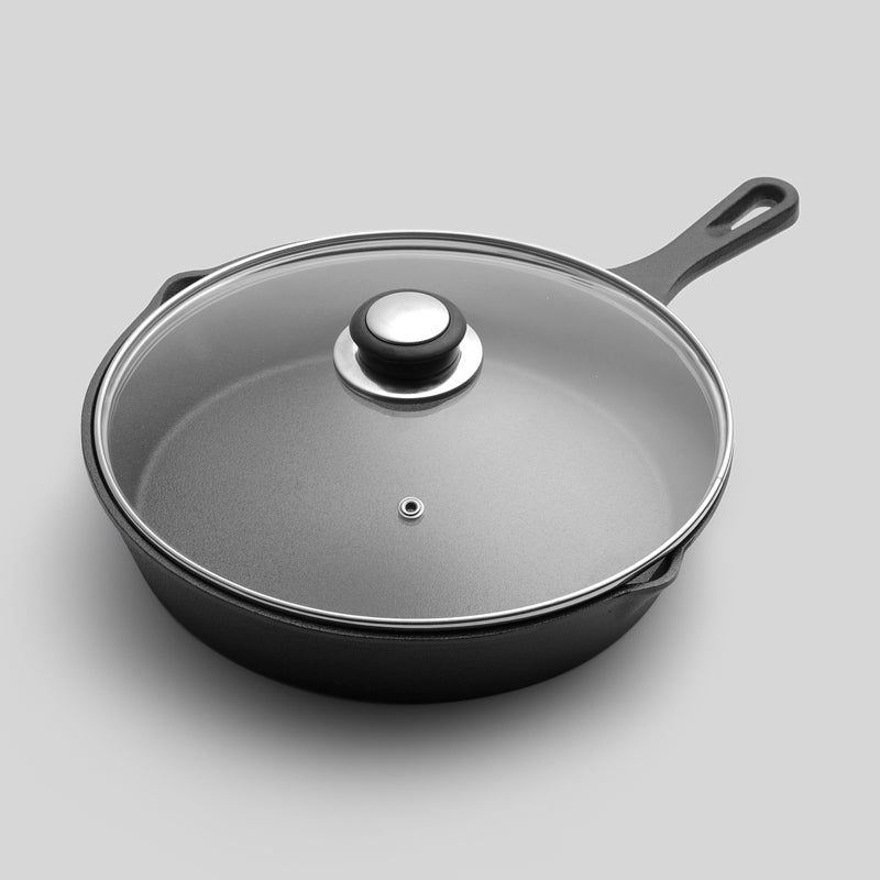 Happiness CAST IRON SET - 3 Versatile pans with 2 durable glass lids  - Pre Seasoned