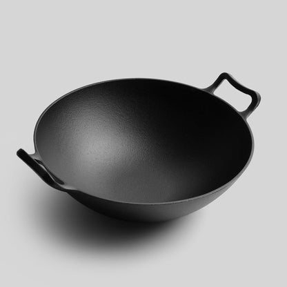 Happiness CAST IRON WOK 36cm x 10cm - Pre Seasoned Wok with Glass Lid