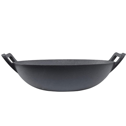 Happiness CAST IRON WOK 36cm x 10cm - Pre Seasoned Wok with Glass Lid