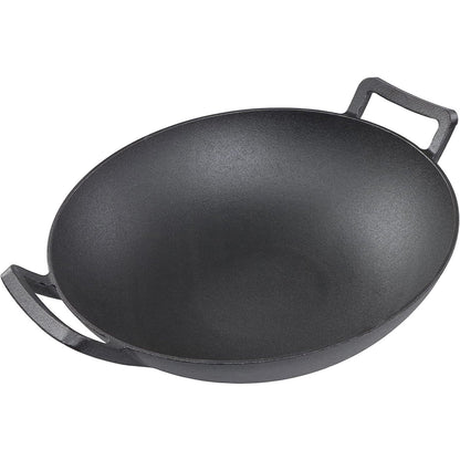 Happiness CAST IRON WOK 36cm x 10cm - Pre Seasoned Wok with Glass Lid