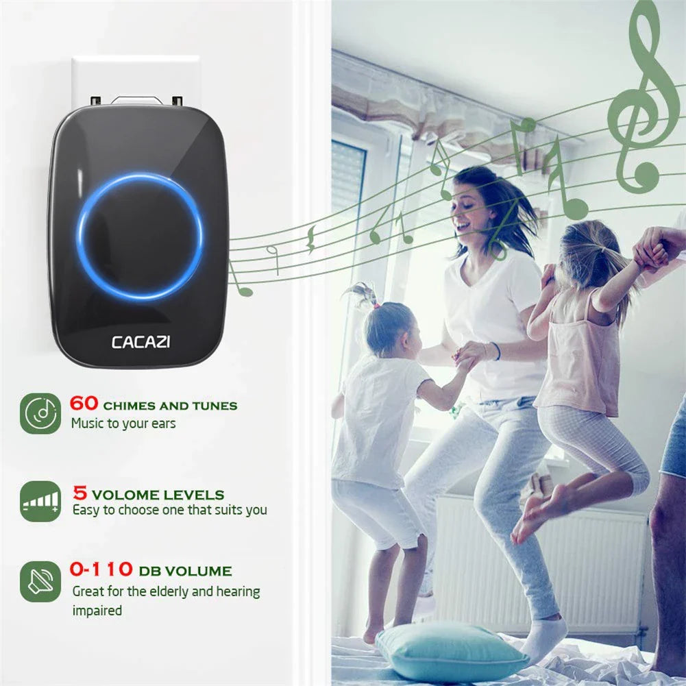 CACAZI Wireless Doorbell Waterproof - Black 1 Button / 2 Receiver