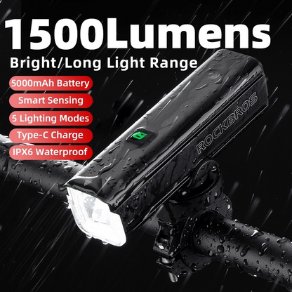 Rockbros  BICYCLE FRONT LIGHT  Lumens Rechargeable 1500