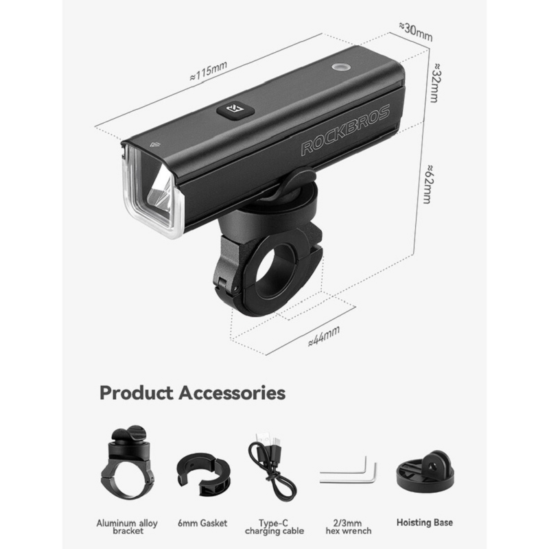 Rockbros  BICYCLE FRONT LIGHT  Lumens Rechargeable 1500