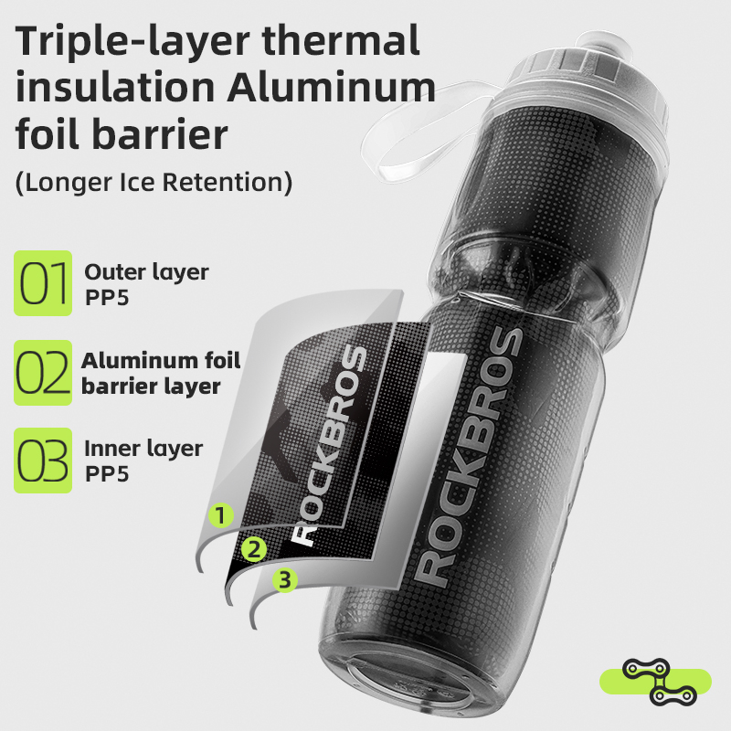 Rockbros INSULATED CYCLING Sports WATER BOTTLE with handle 670ml ALUMINUM and LEAK PROOF