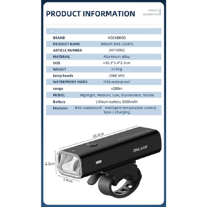 Rockbros HEADLIGHTS BICYCLE FRONT LIGHT 600 Lumen LED Rechargeable