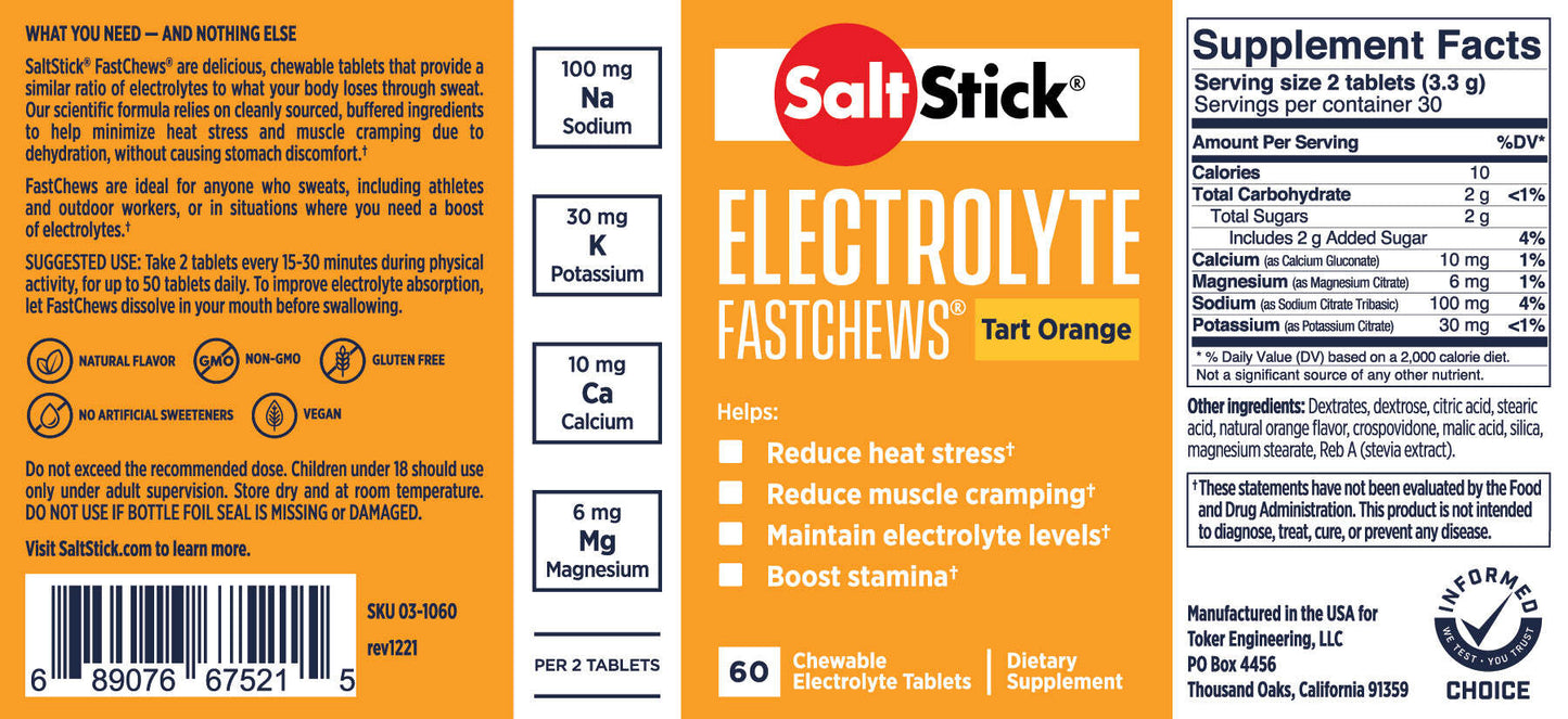 SaltStick Electrolyte Fastchews - Tart Orange - Bottle 60ct(CHEWABLE)