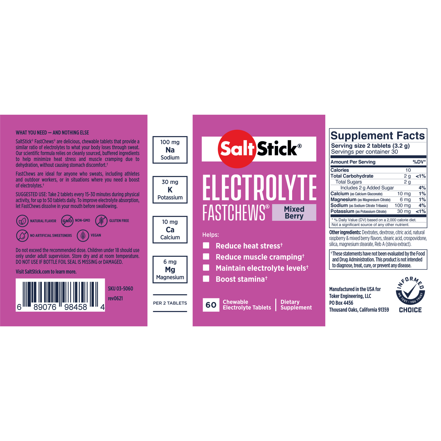 Saltstick Electrolyte Fastchews - Mixed Berry - Bottle 60ct (FAST DISSOLVING CHEWS)