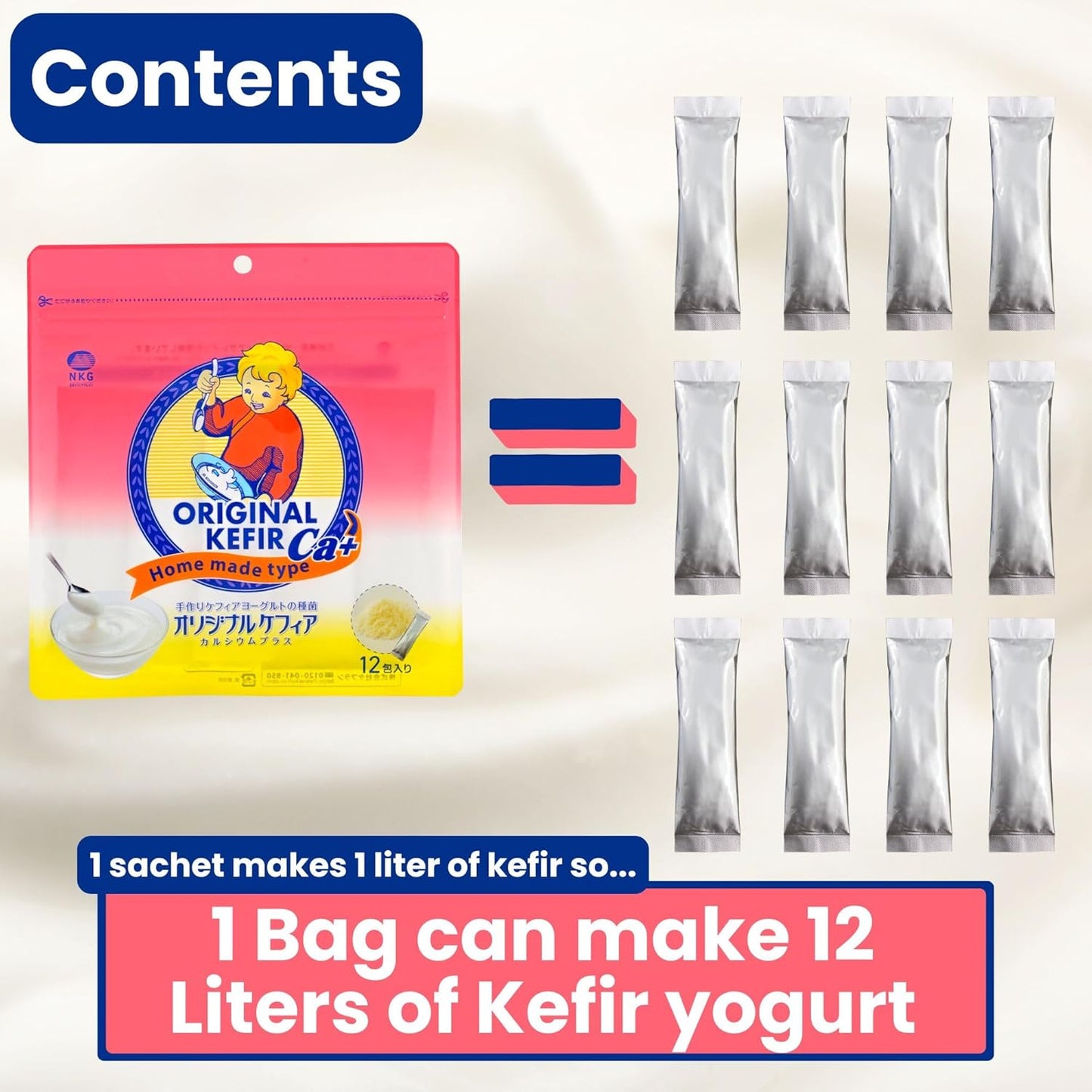 CALCIUM+ Japanese ORIGINAL KEFIR STARTER CULTURE (thick, yogurt-style) 12 SACHETS IN 1 POUCH - 1 sachet makes 1 liter
