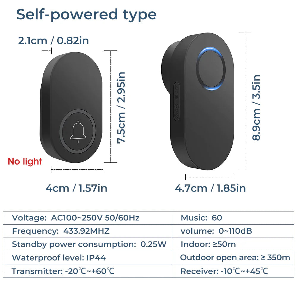 Smartrul Self-Powered Wireless Model Doorbell - BLACK 1 Button / 2 Receiver