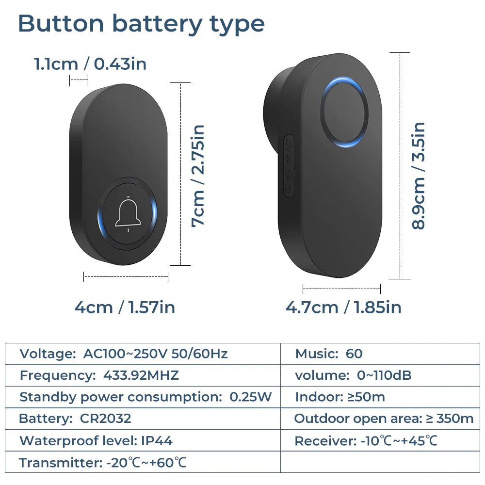 Smartrul Self-Powered Wireless Model Doorbell - BLACK  1 Button / 1 Receiver
