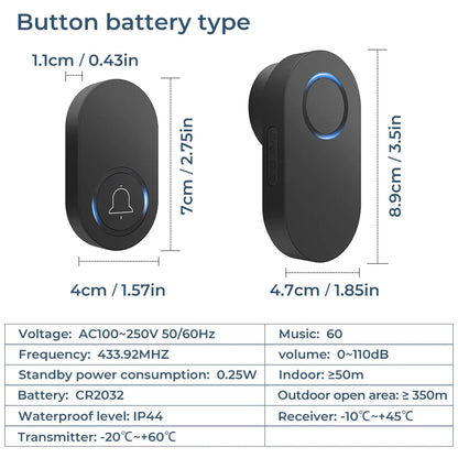 Smartrul WIRELESS DOOR BELL - BLACK BATTERY MODEL 2 Button / 1 Receiver