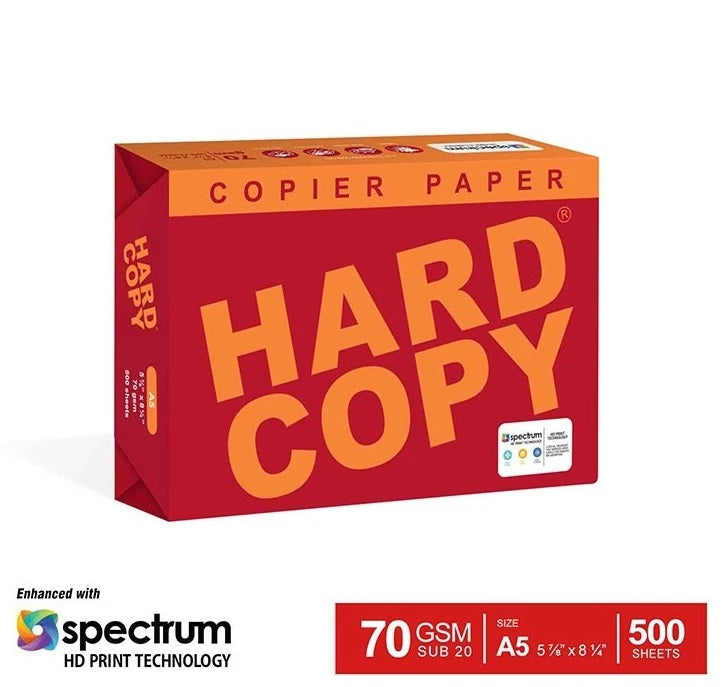 1 BOX HARD COPY Copier Paper SUB 20 70gsm  5 REAMS/BOX ( Short,long , A4 & A5)