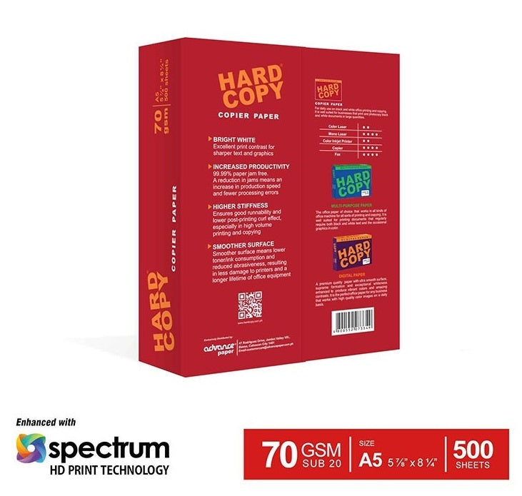 1 BOX HARD COPY Copier Paper SUB 20 70gsm  5 REAMS/BOX ( Short,long , A4 & A5)