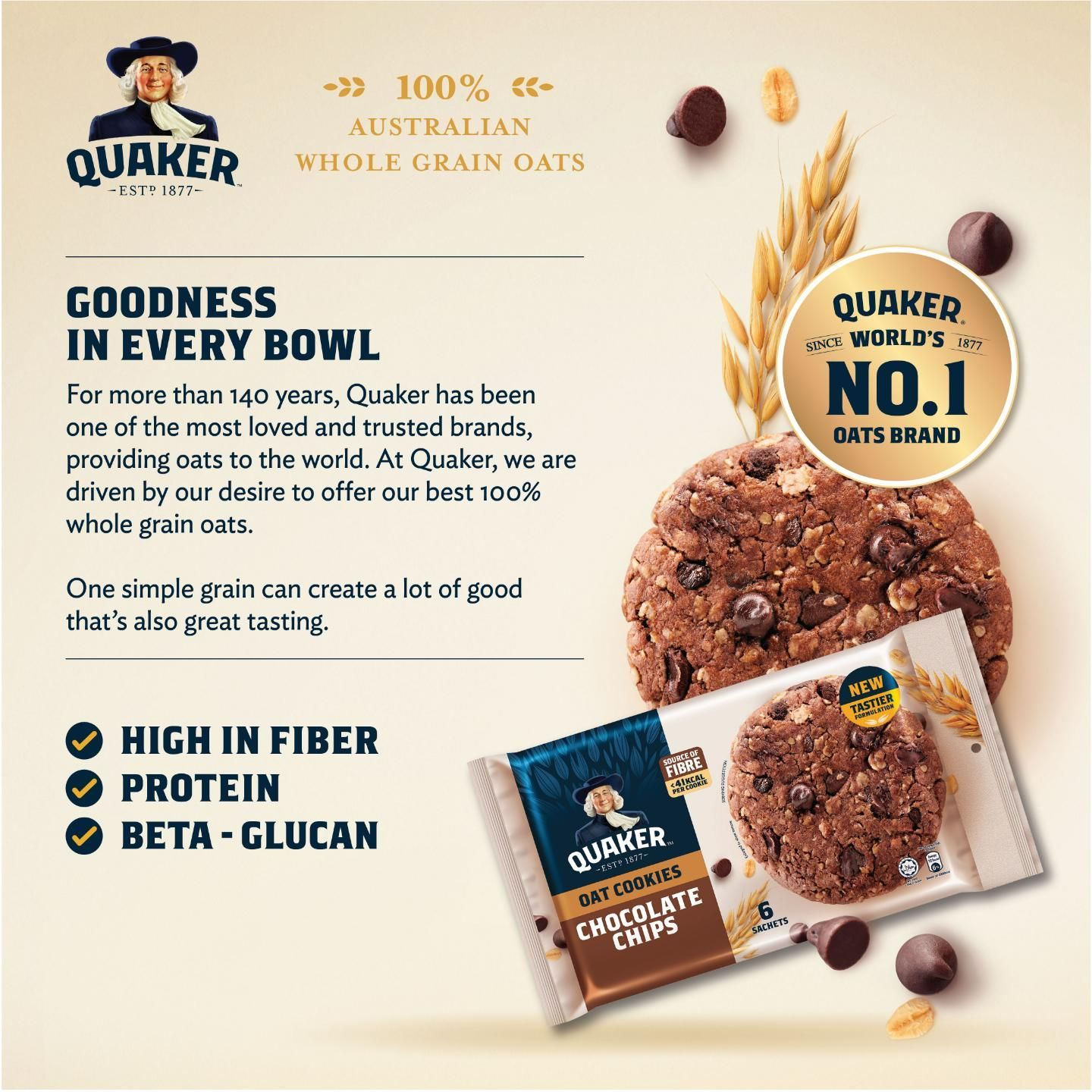 1 CASE - Quaker Oat Cookies Chocolate Chips 6s/150g x 50