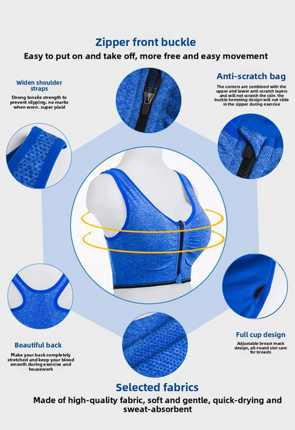 Women's SPORTS BRA Front Zipper Shock-proof Wire-free Breathable Material To Keep you COOL AND DRY