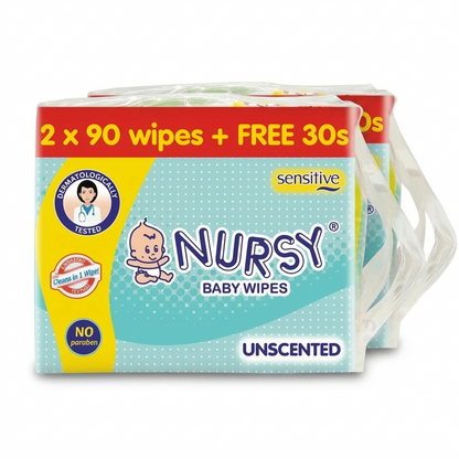 Nursy Baby Wipes Unscented 90s x 2 + 1 Free 30 wipes - BUNDLE OF 2 or 8