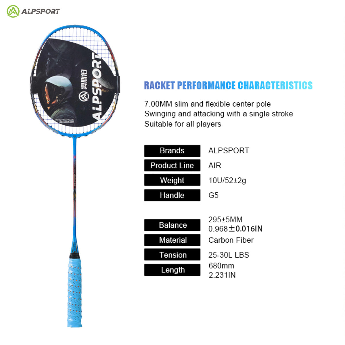 ALP SPORT 1pc AIR - ALP AIR Carbon Fiber Badminton Racket 10U G5 Superlight 52g 28-35lb Lightweight and durable