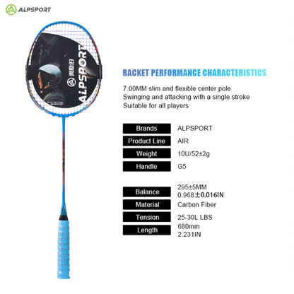 ALP SPORT 1pc AIR - ALP AIR Carbon Fiber Badminton Racket 10U G5 Superlight 52g 28-35lb Lightweight and durable