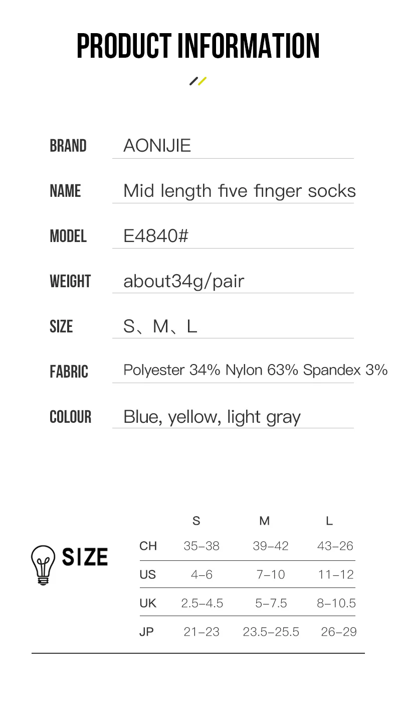 Aonijie E4840 SPORTS (mid-length) FIVE FINGER SOCKS Set of 3 Model no. E4840 QUARTER