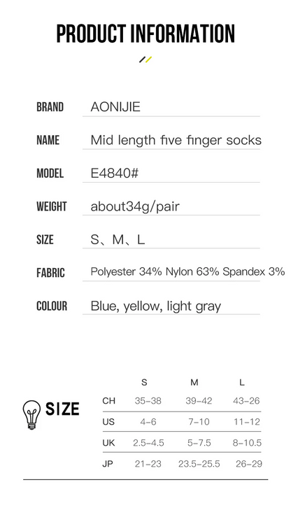 Aonijie E4840 SPORTS (mid-length) FIVE FINGER SOCKS Set of 3 Model no. E4840 QUARTER