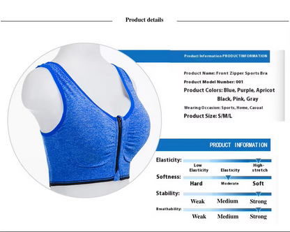 Women's SPORTS BRA Front Zipper Shock-proof Wire-free Breathable Material To Keep you COOL AND DRY
