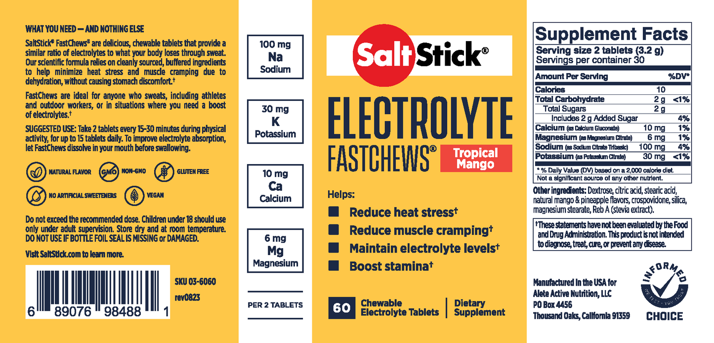 SaltStick Electrolyte Tropical Mango Fastchews - Bottle 60ct. (Prevent CRAMPS)