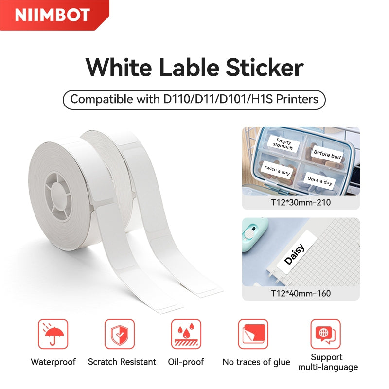 Niimbot D11/D110/D101/H1S Thermal Label 12-15mm Name Sticker White Label Paper Sticker 7.5-8meters