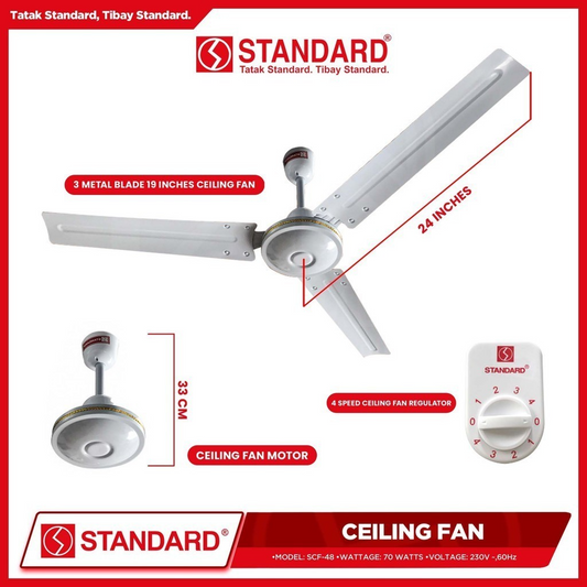 STANDARD CEILING FAN 48" 70W, Diameter Metal Blade- 4 Speed Remote Switch
