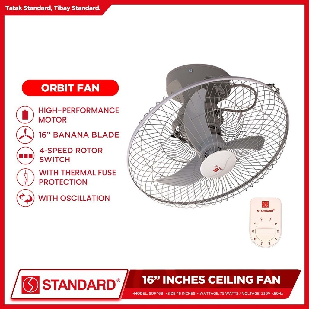 STANDARD ORBIT Ceiling FAN 16" 65WAtts 4 SPEED SWITCH- Plastic Banana Type Blade SOF16B