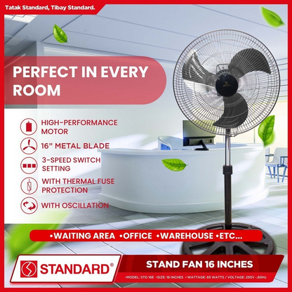 STANDARD STAND FAN 16" - Metal Blade 3 SPEED ROTARY SWITCH