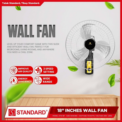STANDARD ELECTRIC FAN 18" - Wall Fan Metal Blade 3 SPEED ROTARY SWITCH