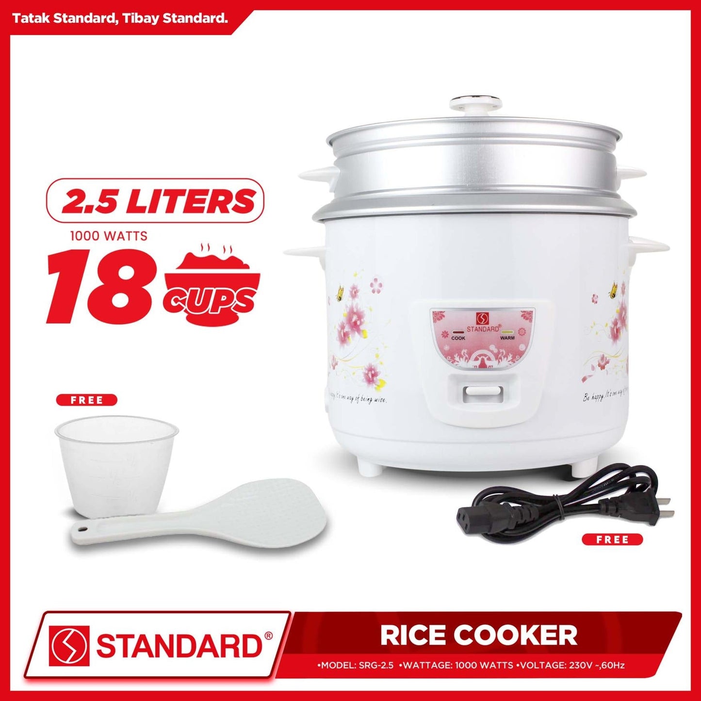 STANDARD RICE COOKER 2.5 Liters with Steamer w/ Free Rice Ladle & Measuring Cup
