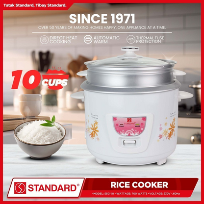 STANDARD RICE COOKER 700W 1.8 Liters with Steamer w/ Measuring Cup & Rice Ladle
