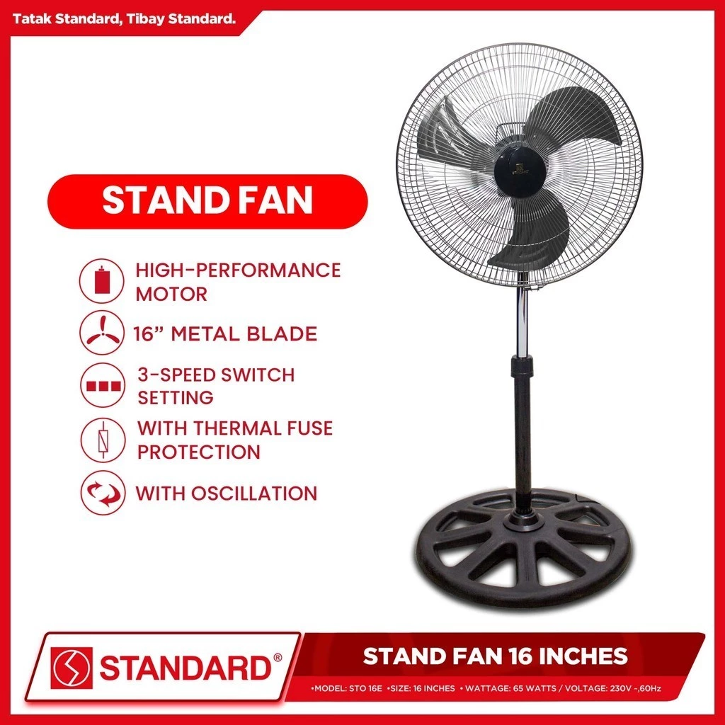 STANDARD STAND FAN 16" - Metal Blade 3 SPEED ROTARY SWITCH