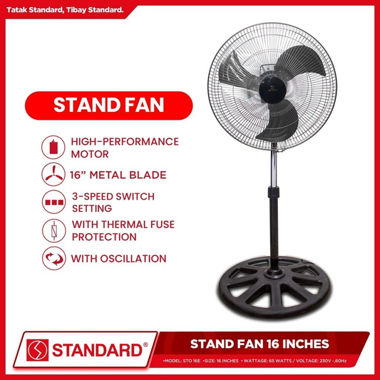 STANDARD STAND FAN 16" - Metal Blade 3 SPEED ROTARY SWITCH