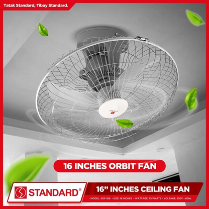 STANDARD ORBIT Ceiling FAN 16" 65WAtts 4 SPEED SWITCH- Plastic Banana Type Blade SOF16B