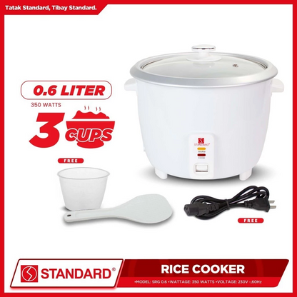 STANDARD RICE COOKER (350W) Plain white 0.6L/3Cups for 1-3 People Use