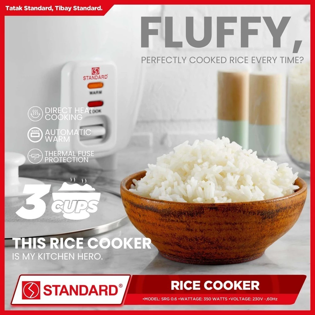 STANDARD RICE COOKER (350W) Plain white 0.6L/3Cups for 1-3 People Use